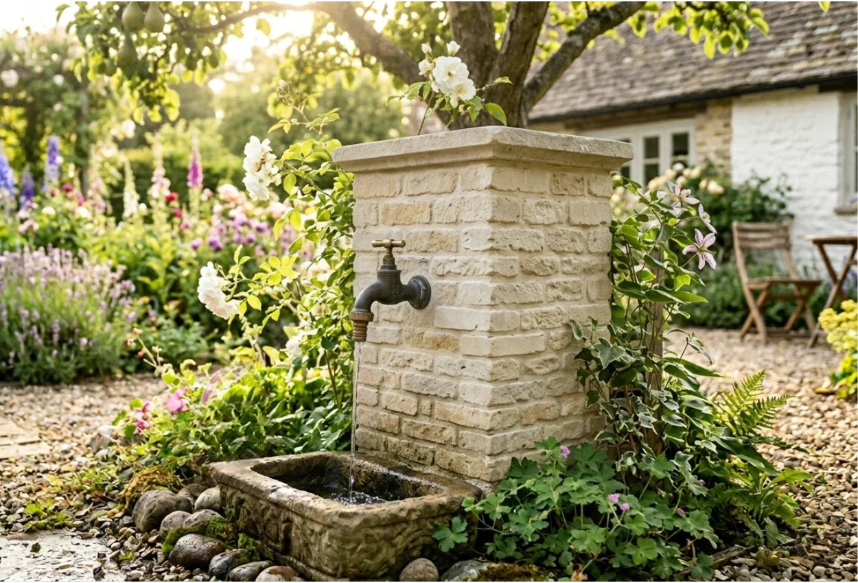 robinet de jardin habillé en fausses briques et plantes grimpantes