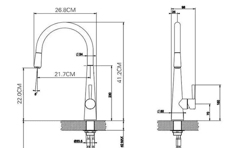Plan technique Robinet Cuisine Noir Douchette | Hano
